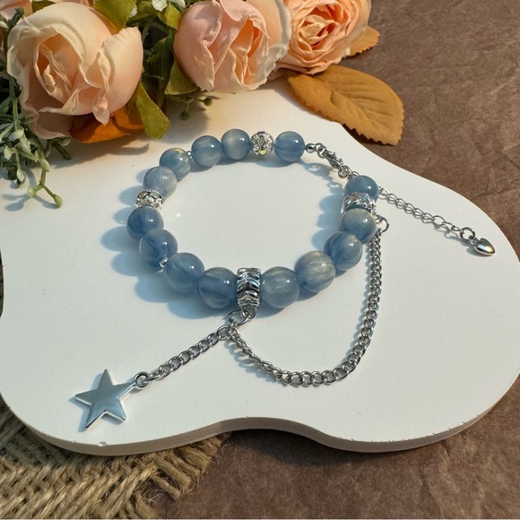 Sky Blue Bead Bracelet with Star and Chain - Picture 4 of 5